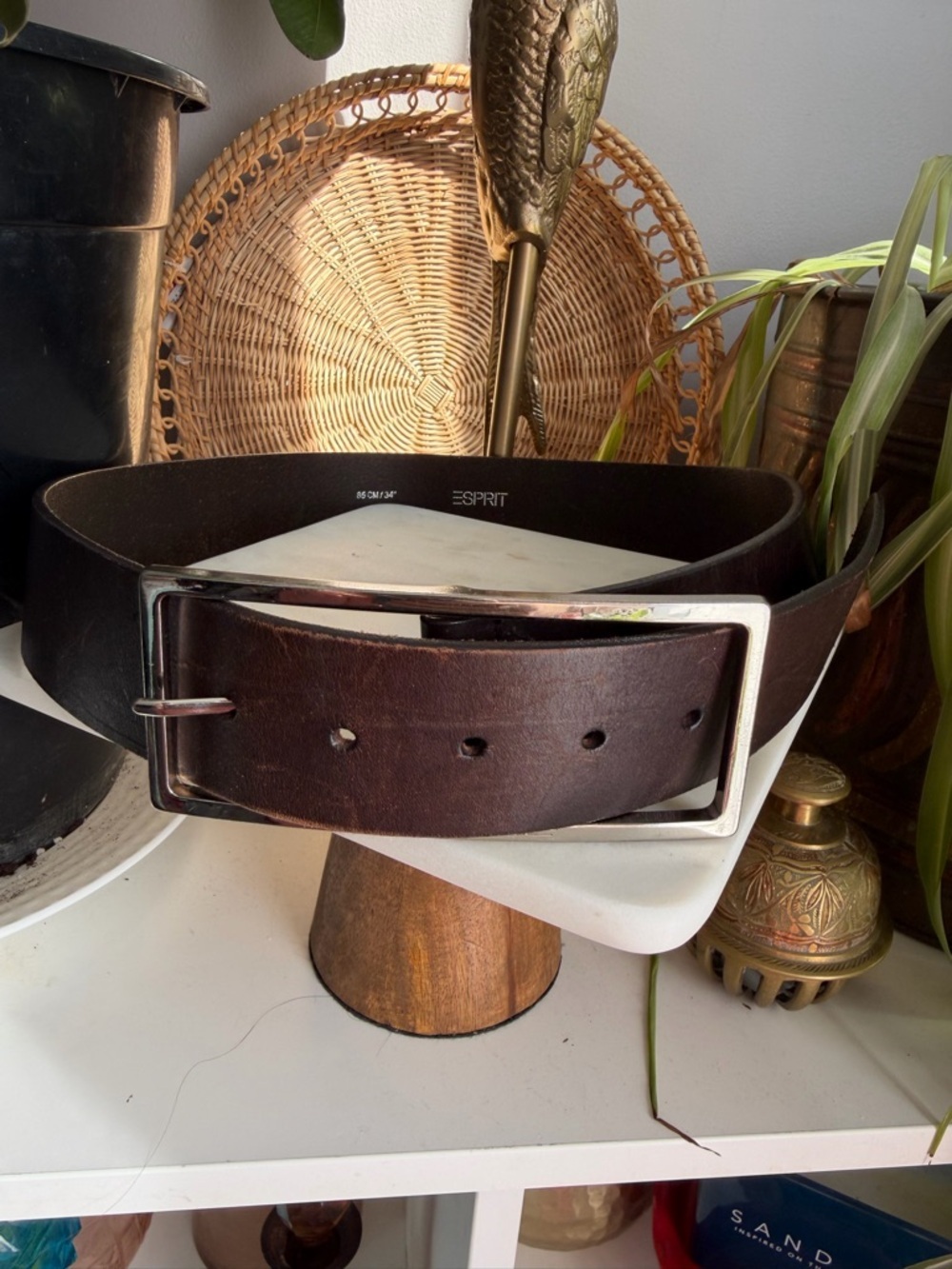 Vintage Esprit Brown Leather Wide Statement Belt Silver 34
